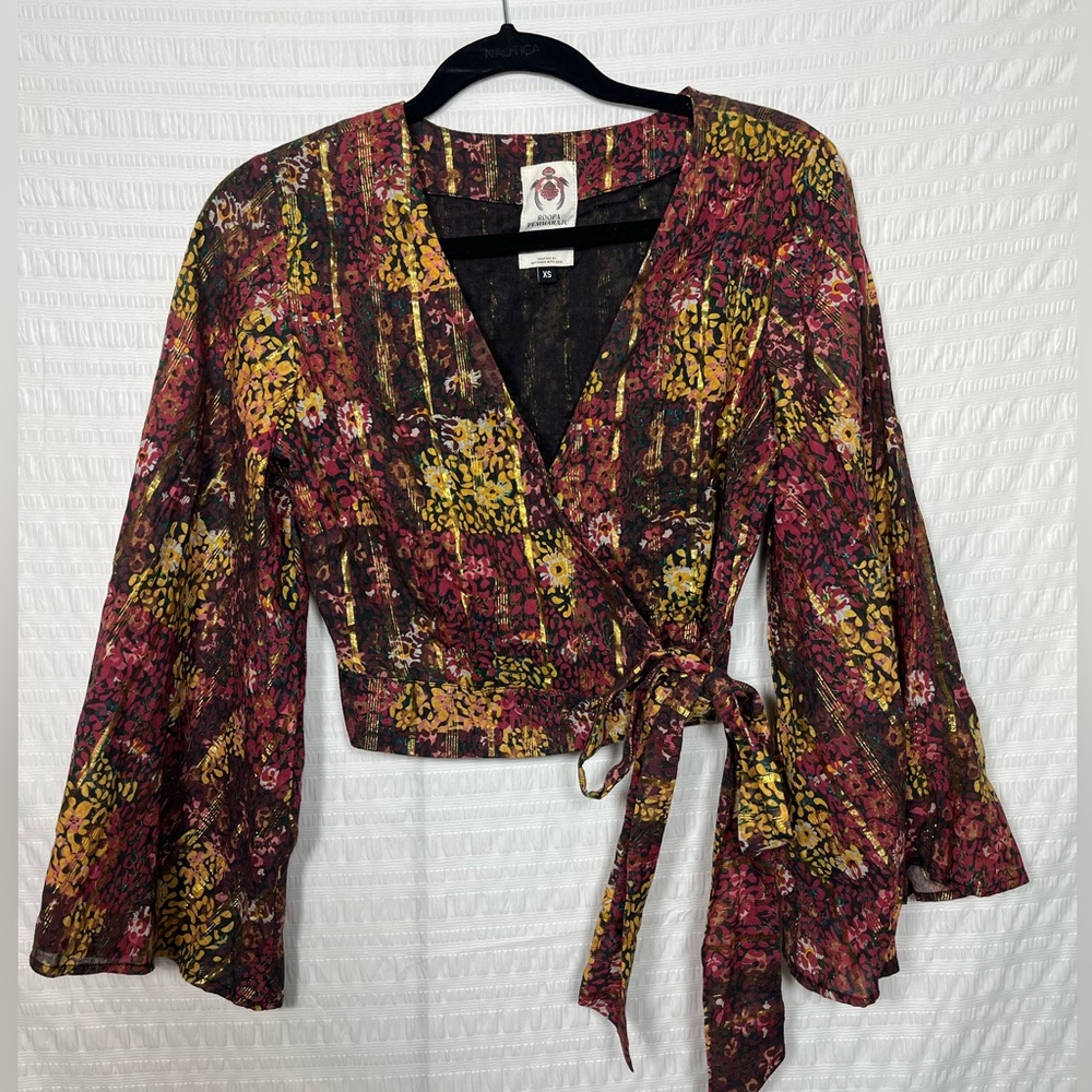 Roopa Pemmaraju Anthropology Women’s Floral Wrap Top with Bell Sleeves Size XS